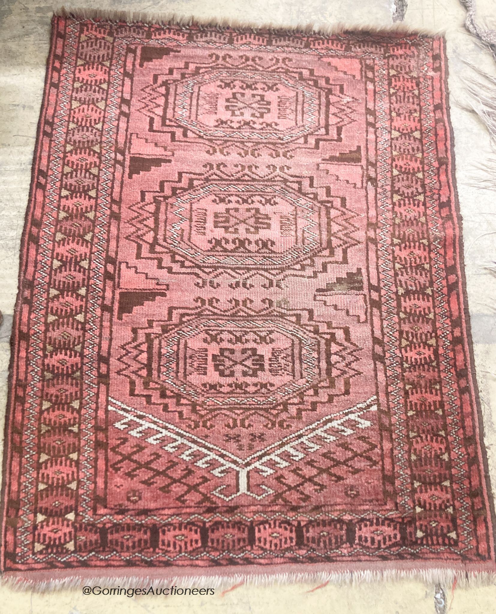 A polychrome flatweave geometric rug, 240 x 124cm together with a smaller Bokhara rug